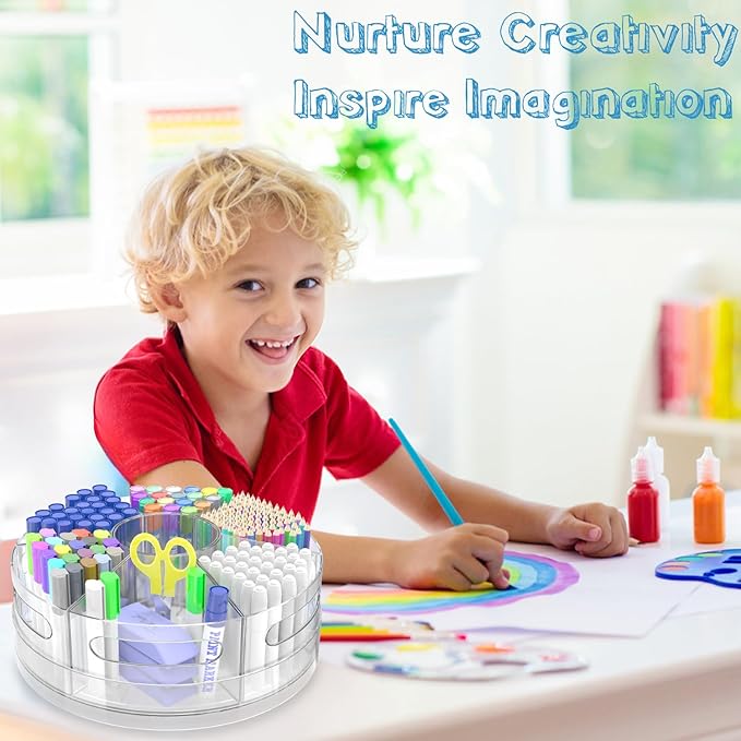 Acrylic Marker Organizer, 360 Degree Rotating Pencil Organizer with 7 Removable Compartments, Clear Crayon Organizers for Kids, Large Pencil Holder Desk for Office Home School