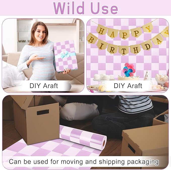 Purple Checked Bulletin Board Roll Reusable Waterproof Erasable Pastel Purple Background Poster Non-Woven Fabric Bulletin Board Roll for Mother's Day Easter Classroom Decor Wrap Paper 15.55" x20ft