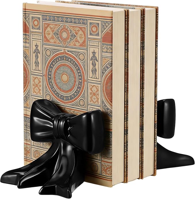 Leinuosen 2 Pcs Black Bow Bookends Ceramic Cute Book Ends Decorative Book Stand Bow Sculpture Statues Tabletop Shelf Bookstopper Room Decor for Home Office School Dorm Girl Desk