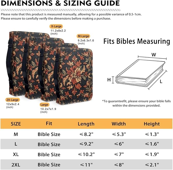 Vintage Flower Bible Cover Bible Cover Bags Floral Pattern with Handle Fits for Standard Size Bible Bible Study Accessories Supplies-Size：L