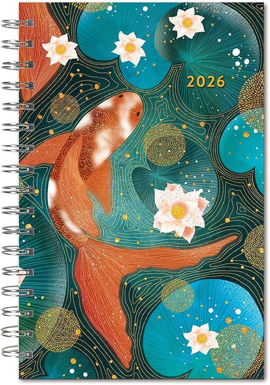 Golden Koi 2026 Weekly & Monthly Planner, 12-Month Engagement Calendar with Asian-Inspired Art and Tranquil Koi Fish Design, 2026, 6" × 9"