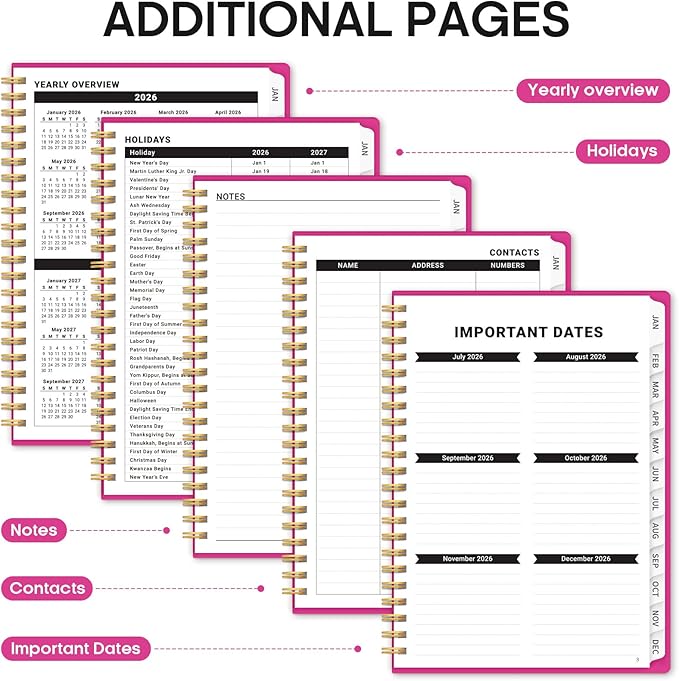 2026 Planner, Weekly and Monthly Calender Planner, Jan 2026 to Dec 2026, Hardcover 2026 Calendar Book with Tabs & Inner Pocket, Office Home School Supplies for Women & Men - A5 (6.3" x 8.5"), Fuchsia Pink