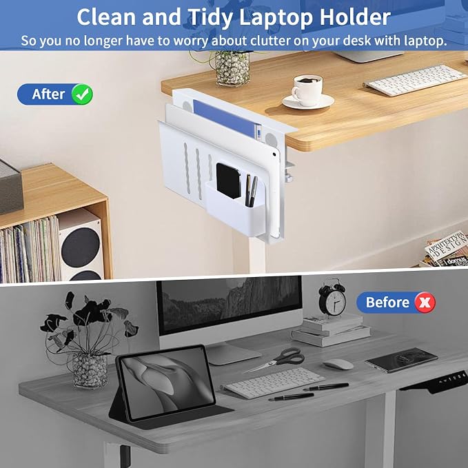 LUKETURE Desk Side Storage, Steel Side Desk Organizer, No Drill Laptop Holder, Clamp on Laptop Mount with Pen Holder, Table Hanging Storage for Home Office, Fits Flat Edge Tables 0.3" to 2.8"