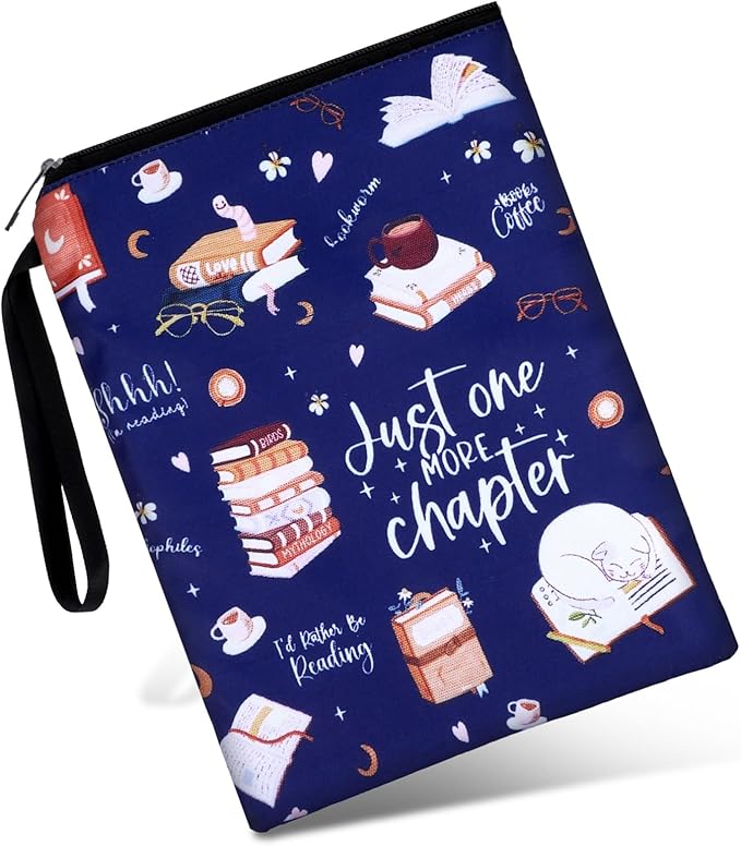 Just One More Chapter Book Sleeve, 11x 8.5 inch Waterproof Book Protector with Zipper and Front Pocket Washable Canvas Paperback Cover for Readers Lovers Gifts Books Accessories Travel Vacation