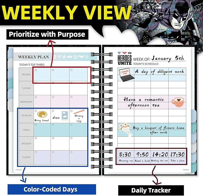 Batman 2026 Planner – Superhero Undated Daily Weekly & Monthly Planner with Calendar & Holiday Tracker, Monthly Tabs, Habit Tracker, 12 Months Spiral Agenda Book for Office School Gift Supplies