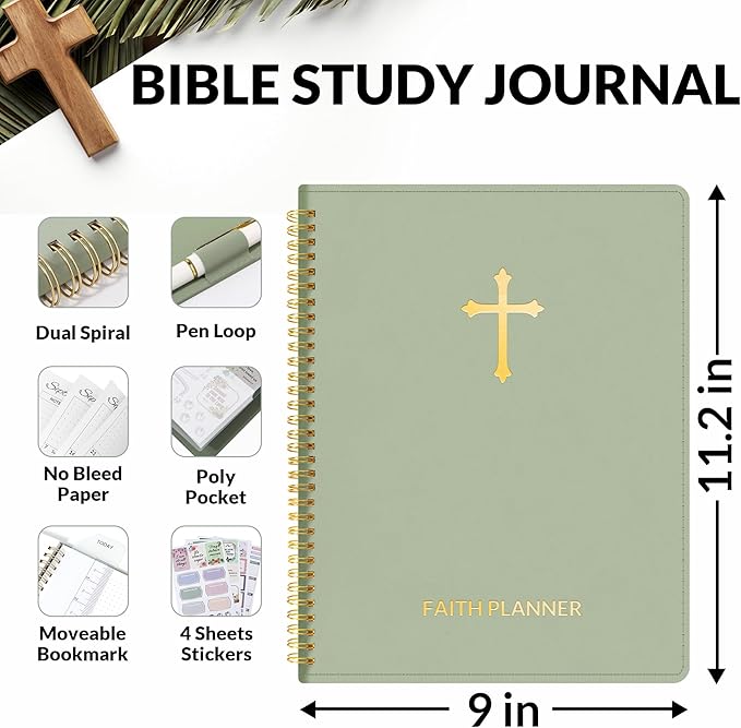 2026 Christian Planner - 12 Month Bible Journal and Prayer Planner 9"x11.2" Spiral Bound, Monthly & Weekly Christian Organizer Gifts for Women Men (Grey Green)