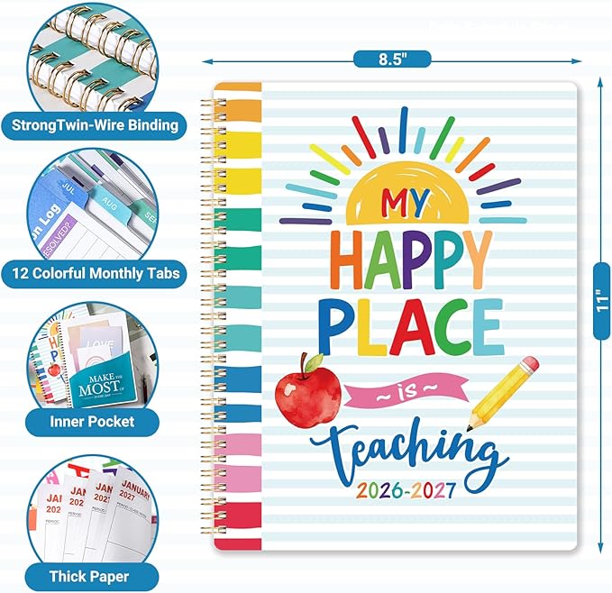 Teacher Planner 2026-2027 - Teacher Lesson Planner 2026-2027, 11" x 8.5", JULY 2026 - JUNE 2027, Teacher Planner Academic Year, Colorful Pages, Holidays, Colorful Monthly Tabs, Inner Pocket