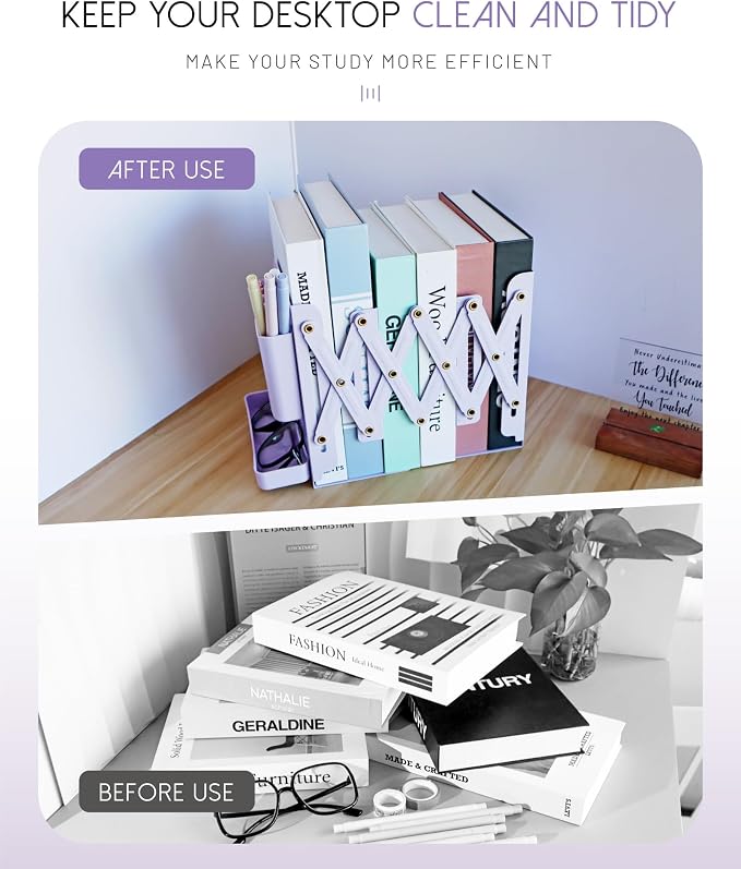 Heavy Duty Bookends Adjustable Book End, Desk Book Holder for Shelves, Book Organizer for Desk, Suitable for Office Home School (19.69 inches Max) (Purple)