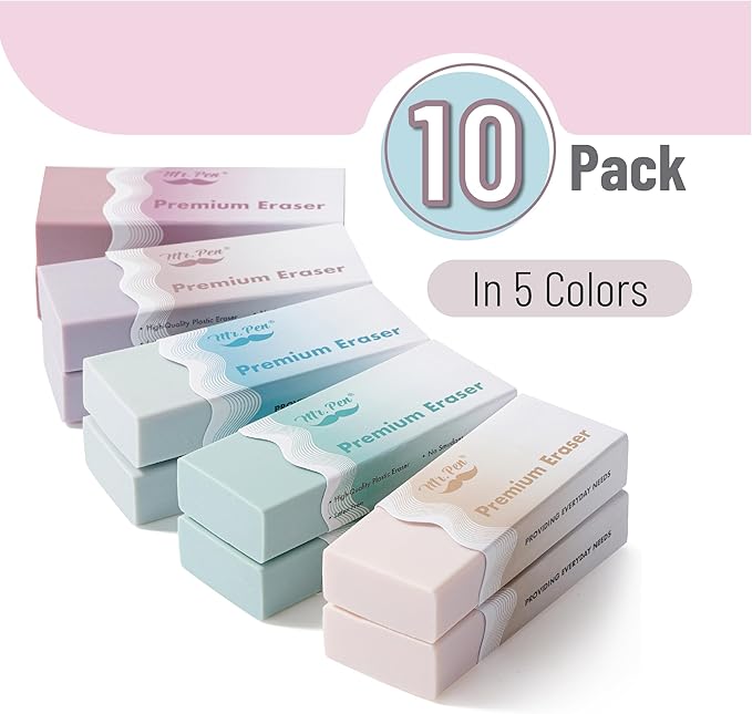Mr. Pen- Pencil Eraser, 10 Pack, Large Latex Free Vinyl Block Erasers for School, Office, Art Sketching, Homework, Exams, Clean Smudge-Free Correction, Morandi Colors