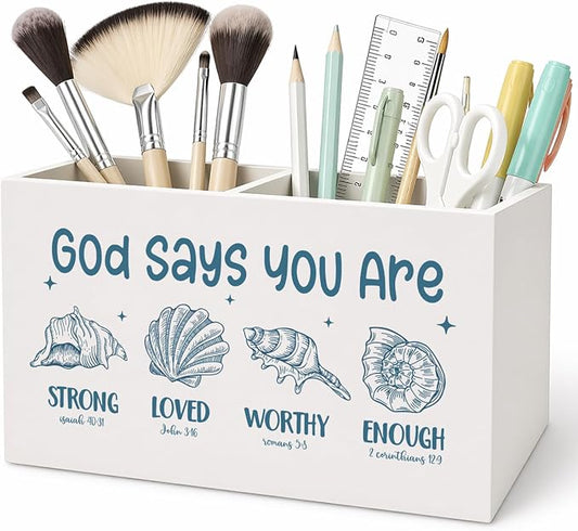 Blue Coastal Beach Christian Pen Pencil Holder for Desk, Christian Gifts for Women, God Says You Are Bible Verse Pencil Holders Wooden Box Organizer for Home Office Bedroom Desk Tabletop
