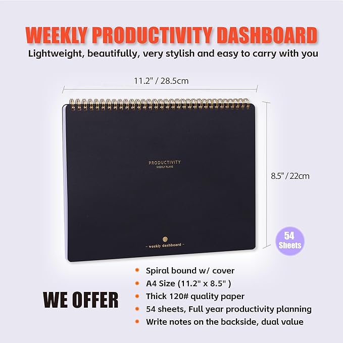 Weekly Desk Planner Monday Start - Dashboard Desk Pad Ideal for Project Manager, Business Owner, Freelancer, and Multitaskers to Achieve Goals - Spiral Productivity Journal