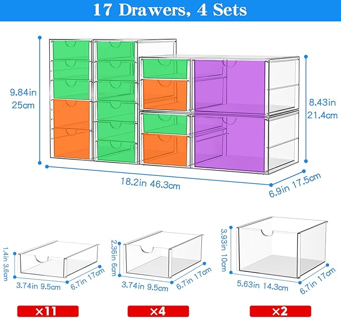 ARSTPEOE Makeup Acrylic Organizer with 17 Drawers(4 Sets), Desk Organizers and Accessories, Clear Makeup Organizer, Dustproof Storage Drawers for Office Art Craft Supplies