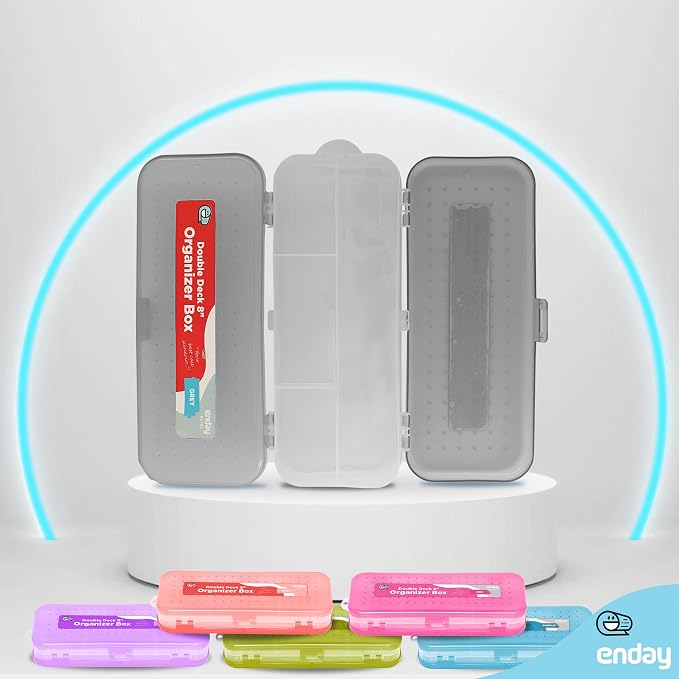 Enday Pencil Box Grey, Plastic Double Deck Pencil Case with 7 Compartments, Box Organizer with Snap Closure for Home and Office