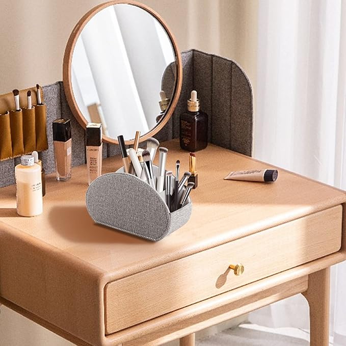 Tv Remote Holder Tray with 5 Compartments,PU Leather Remote Control Holder/Caddy Nightstand Decoration,Placed Media Remote Storage Box/Glasses/Makeup Brush/Office Products/Desktop Organizer (Grey）