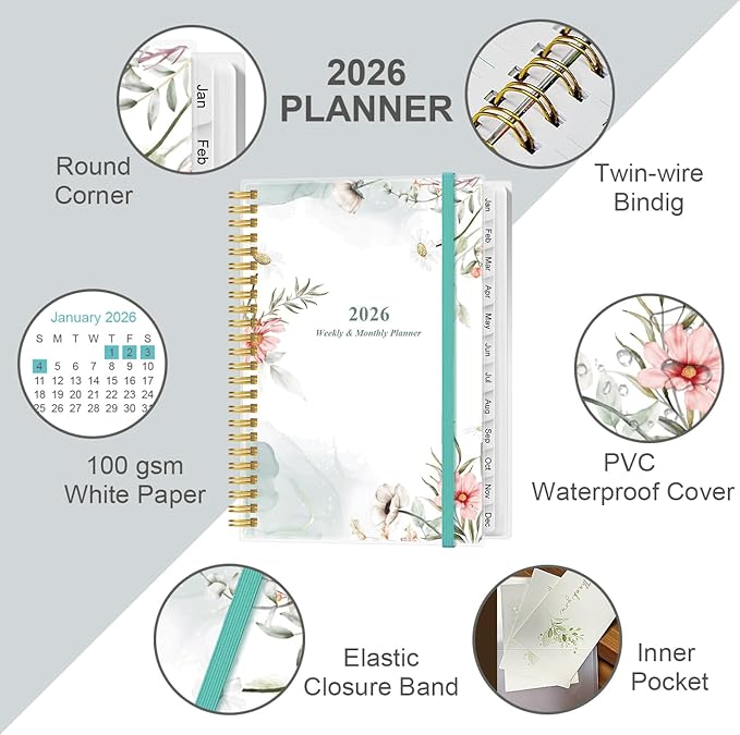 2026 Planner - Weekly Monthly Planner 2026 from January 2026 to December 2026, Planner 2026 with 12 Monthly Tabs, Inner Pocket, 6.4" x 8.5", Pink Floral