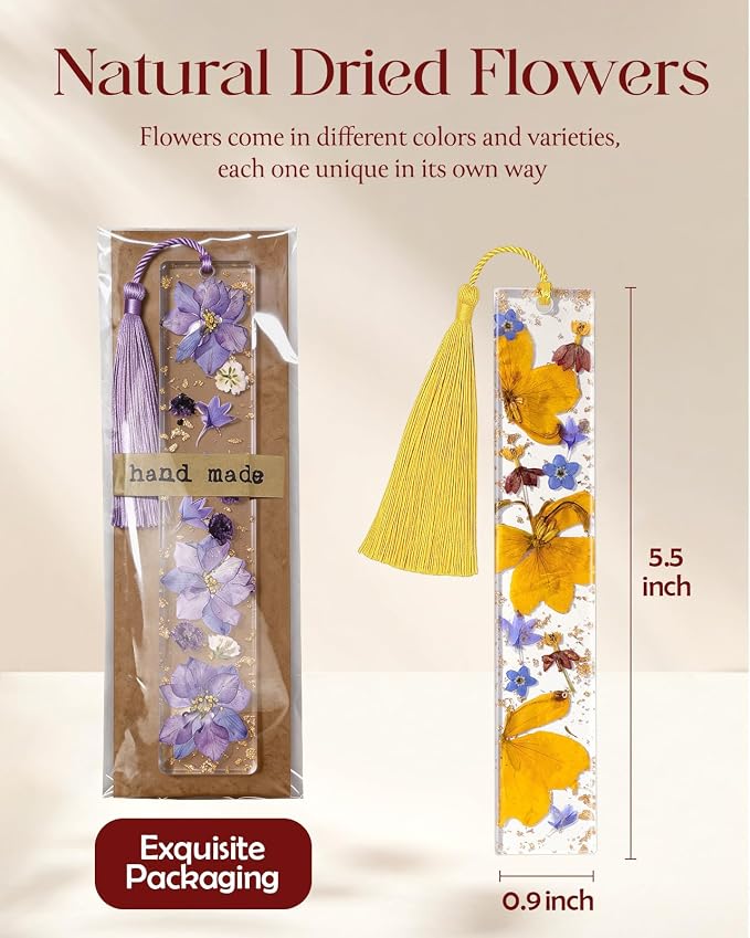 Buleens 2PCS Bookmarks for Women - Purple Yellow Book Marks for Readers Book Lovers, Personalized Handmade Dried Flower Resin Pressed Flowers Bookmark with Tassels, Pretty and Aesthetic