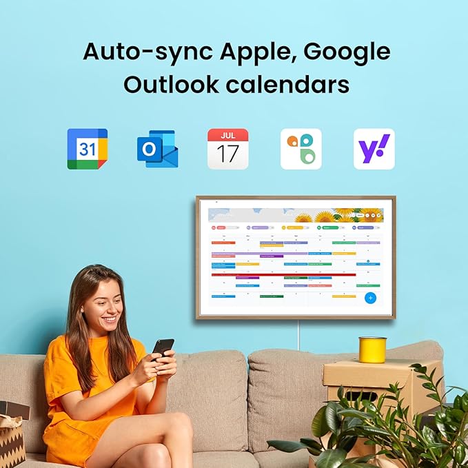 Apolosign 21.5-inch Digital Calendar : Dual Mode Smart Wall Planner, No Subscription, Install Apps, Sync Calendars, Electronic Touchscreen Interactive Display for Family Schedules, Chore Chart (Teak)