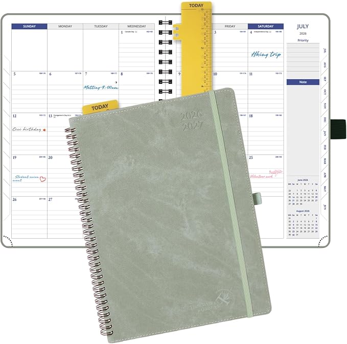POPRUN 2026-2027 Monthly Planner, Large Size 8.25" x 11.75", from April 2026 to July 2027, 16-Month Soft Cover Calendar Book, Appointment Book with Monthly Tabs, Notes Pages, Wirebound - Olive Green