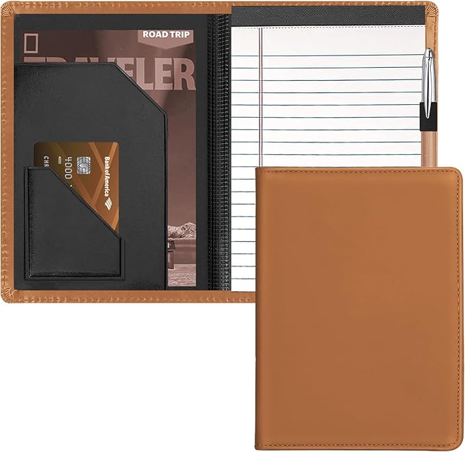 Junior Padfolio Folder - A5 Portfolio Binder Case with 5 x 8 Writing Pad and Interior Storage Pocket Executive Business Organizer for Men Women, Brown