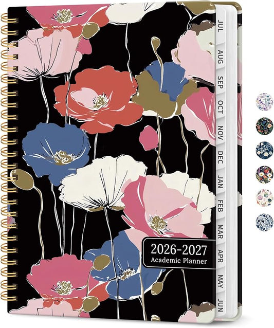Planner 2026–2027, Academic Year Monthly & Weekly Calendar Book, Jul 2026–Jun 2027, Hardcover Organizer with Tabs, Student & Teacher Planner, 6.3" x 8.5", Velvet Poppies