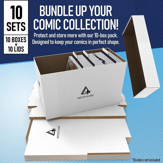 Invested Alliance Premium Short Comic Book Storage Box Organizer with Lid | Thick Cardboard Comic Storage Box For Collectibles Fits 150-175 Current/Silver Age, Heavy Duty & Stackable.
