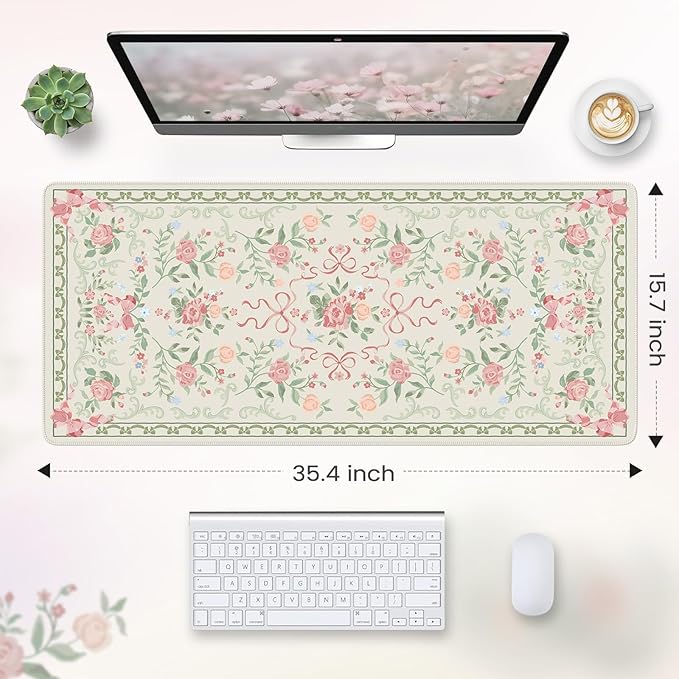 HAOCOO Cute Floral Desk Mat, Large Waterproof Mouse Pad, Girly Desk Matt for Desktop, 35.4" x 15.7" Non-Slip Keyboard Pad, Computer Mat with Stitched Edge, Office Decor Home Desk Accessories (Green)