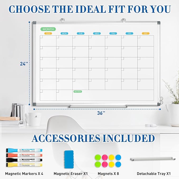 WALGLASS Dry Erase Calendar Whiteboard for Wall, 36" x 24" Double-Sided Monthly Calendar White Board with Silver Aluminum Frame, Hanging or Wall Mount Large Whiteboard for Home, Office, School