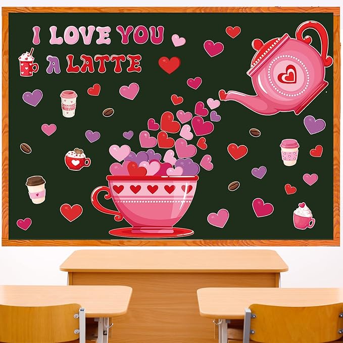 Epakh Valentines Bulletin Board Decorations Set Heart Paper Cutouts Pink Red Love Cardboard Cutouts I Love You a Latte Coffee Classroom Decorations for Door Chalkboard Wall School Party Supplies
