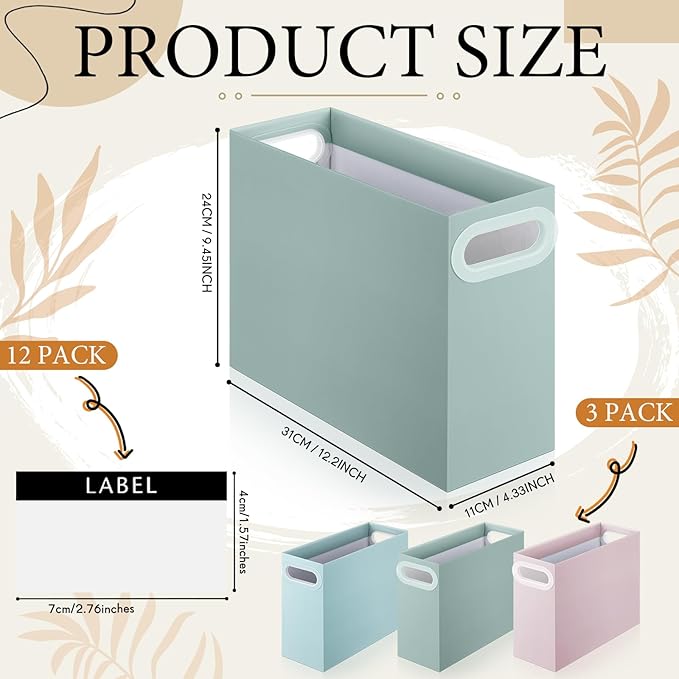 PerKoop 3 Pcs Morandi Color Hanging File Organizer Collapsible Cardboard File Box with Handle and Labels Pastel Hanging Folder Organizer Letter Size for Student Teacher Office Classroom (3 Colors)
