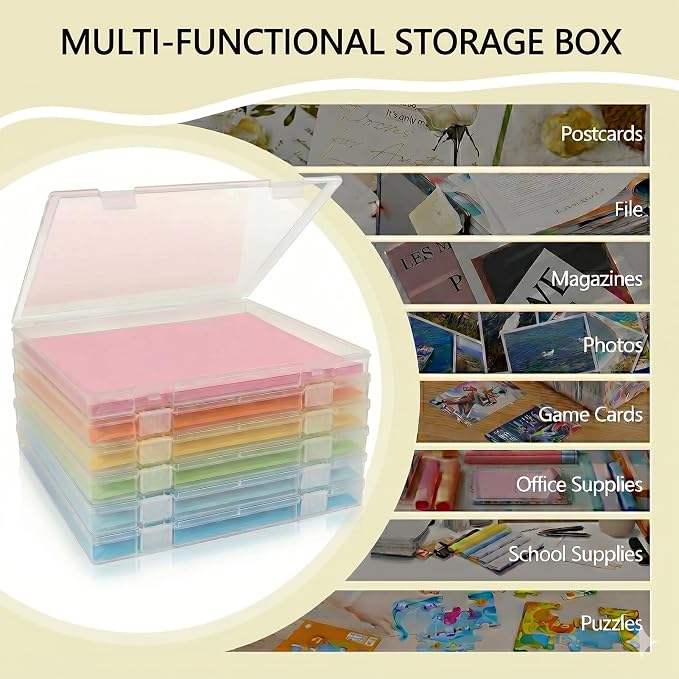 Scrapbook Paper Storage 12x12 Inch, 6 Pack Scrapbook Organizer with Secure Latch, Clear Stackable Plastic Paper Storage Box for File, Photo, Craft, Puzzle, Office Supply, Vinyl Sheet