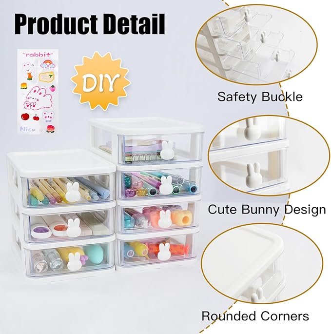 CEYAZYE Desk Organizer with Drawer, Stackable Makeup Organizer White, Small Plastic Storage Box for Desktop, Bathroom Counter or Dresser, School, Home, Office (4 Tier)