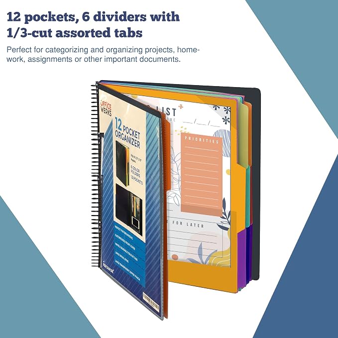 Performore - 12 Pocket Spiral Subject Organizer with 6 Dividers, Folder Organizer Spiral Binder with Front Cover Pocket and Customizable Cover, Erasable Write On Tabs for Documents Files Projects