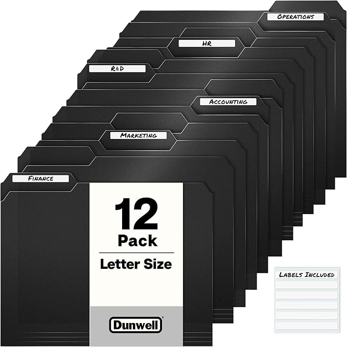 Dunwell Plastic Black 3-Tab Folders, (12 Pack), Sturdy 1/3 Tab File Folders for 8.5x11 Documents, Plastic Manila Filing Sleeves, Acid-Free Poly, Includes Labels