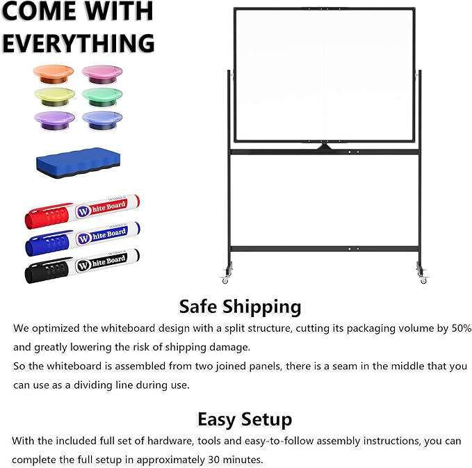 Large Rolling Whiteboard on Wheels, 48" x 36" Double-Sided Mobile White Board with Stand, 4' x 3' Portable Standing Magnetic Dry Erase Board Easel for Home Office Classroom School, Black