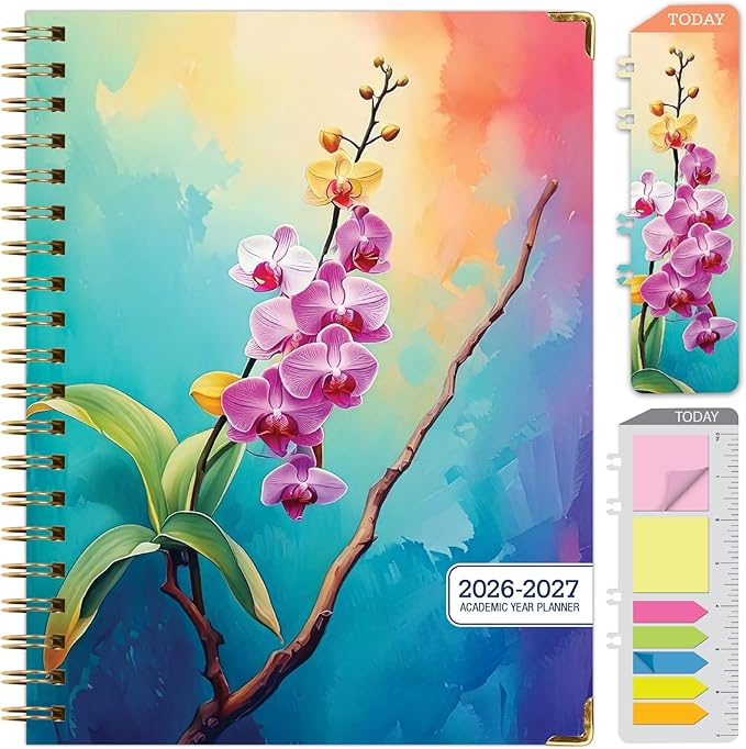 HARDCOVER Academic Year 2026-2027 Planner: 14 Months (May 2026 Through June 2027) 8.5"x 11" Daily Weekly Monthly Planner Yearly Agenda. Bookmark, Pocket Folder and Sticky Note Set (Orchid)