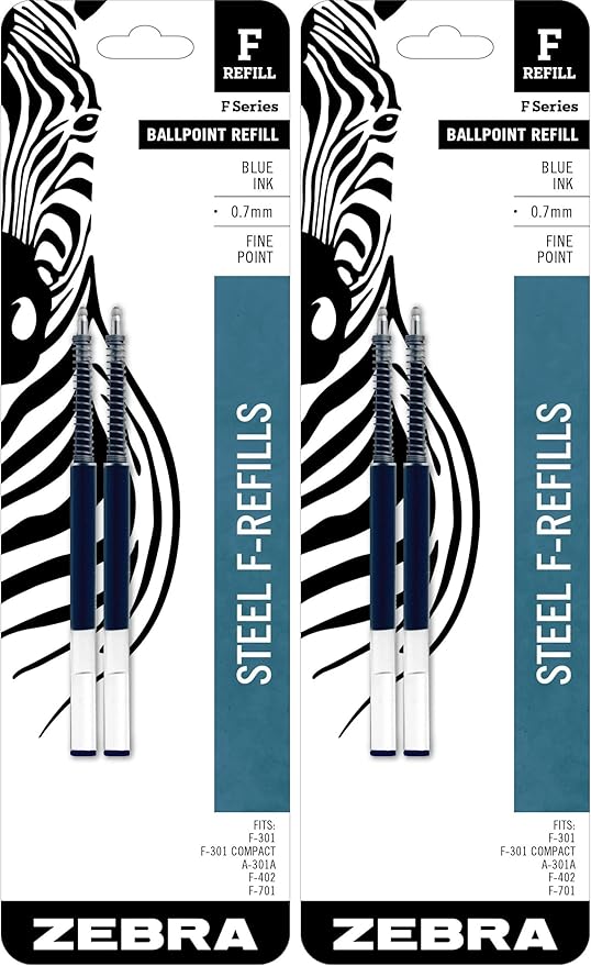 Zebra Pen F-Series Ballpoint Stainless Steel Pen Refill, Fine Point, 0.7mm, Blue Ink, 2-Count (Pack of 2)
