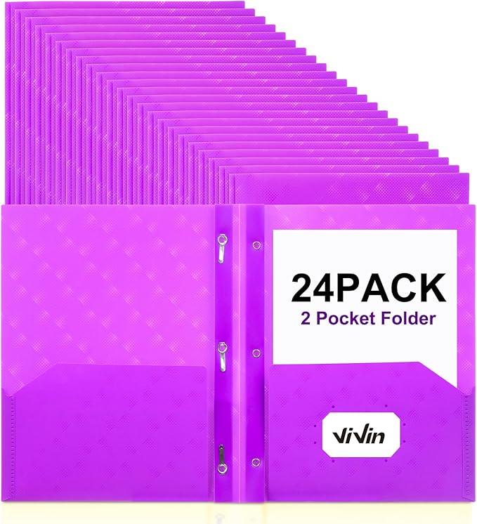 ViVin Plastic Folders with Pockets and Prongs,24 Pack,Heavy Duty 2-Pocket File Folder with 3 Fasteners,Fits Letter Size Paper,for School Home and Office(Bright Purple)