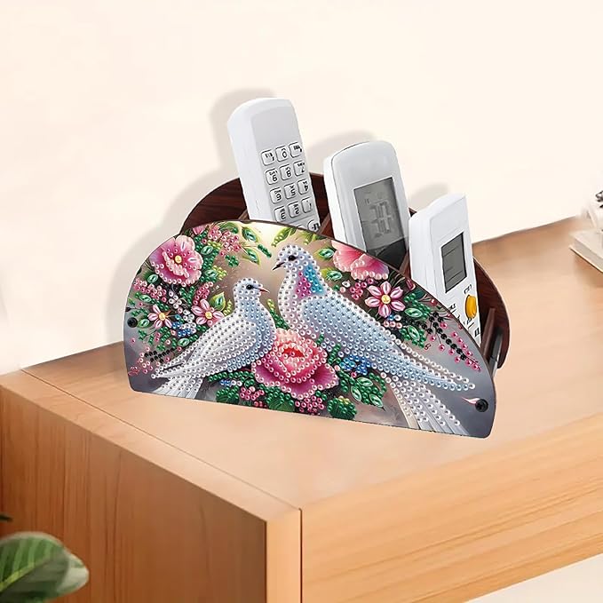 Remote Control Holder with 4 Compartments, DIY Diamond Art Painting Wooden Half Moon TV Control Holder for Remote Controllers, Office Supplies, Makeup Brush, Media Accessories-Pigeon-1