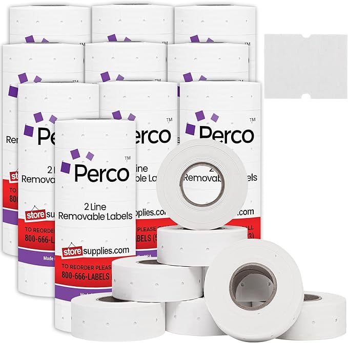 Perco 2 Line Removable Adhesive Labels - 80 Rolls, 10 Sleeves, 60,000 Blank Price and Date Gun Labels for Perco 2 Line Price and Date Guns - Made in USA