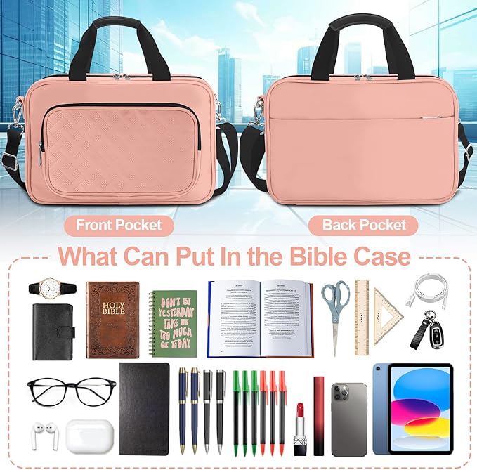 Large Bible Cover Case for Women, Book Carrying Case with Highlighters Tabs Pens, Bible Bag for Girls Organizer, Bible Holder Bible Study Supplies Journaling Kit, Christian Gifts Pink