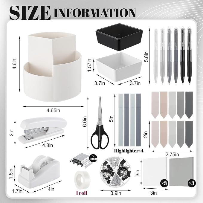Kosiz 27 Pcs Black White Desk Accessories Gift for Aesthetic Desk Organizer Neutral Office Supplies Pen Holder Stapler Binder Sticky Notes Paper Clips Scissor Staples for Back to School(Classics)