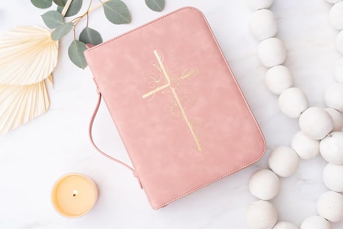 Bible Cover Case for Women – PU Leather Large Bible Case with Minimalist Debossed Design – Christian Bible Accessories for Girls & Women (Pink/Gold)