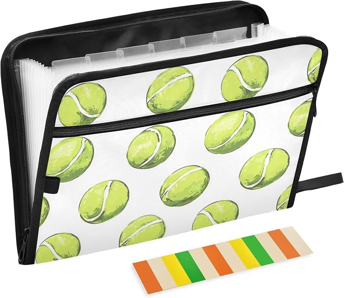 Tennis Ball Sport File Folders,Plastic Folders with 13 Pockets,Expandable File Folder for Documents School Students Office,Aesthetic Folder with Labels A4 Letter Size