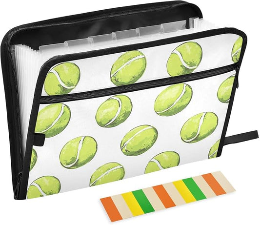 Tennis Ball Sport File Folders,Plastic Folders with 13 Pockets,Expandable File Folder for Documents School Students Office,Aesthetic Folder with Labels A4 Letter Size