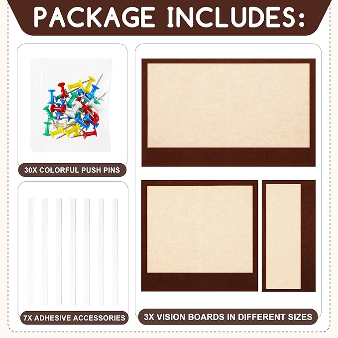 Hahafelt Set of 3 Vision Boards, 32"x 24" Bulletin Vision Felt Board Self-Adhesive, Decorative Picture Boards with 30 Push Pins for Home Office Church Prayer Wall Memo (Brown+Camel)