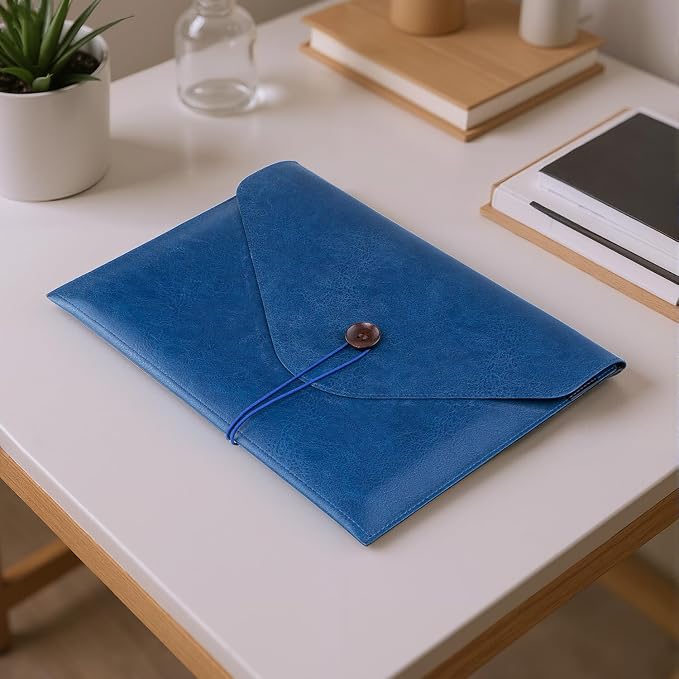 Men PU Leather File Folder for Documents, Coworker Office Gifts Organizer File Document Folder with String Tie, Laptop Sleeve Notebook Case, A4 Envelopes Leather Filing Organizer for Men Women - Blue
