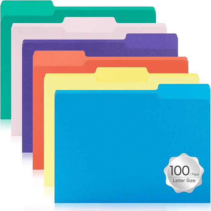 100 Packs Colored File Folders,1/3 Cut Tabs File Folder,Assorted 6 Colors Filing Folder,Manila File Folders,Two-Tone File Folder for Office School Business