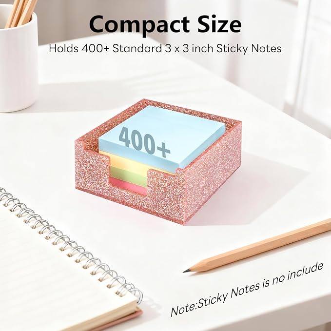 Light Pink Sparkling Sticky Note Holder, Glitter Acrylic Organizer, 3.94 x 3.94 in Multi-Use Tray for Office, School & Home Desk