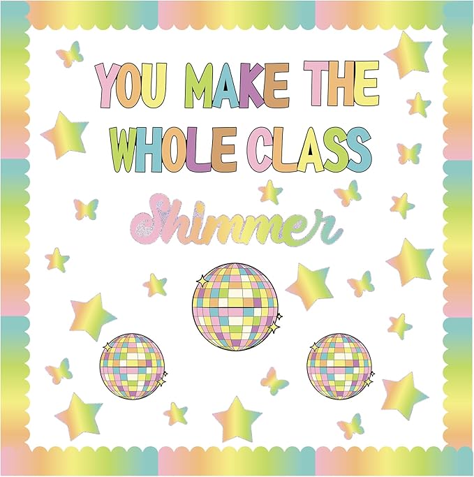 Mooliwe 63 Pcs Disco Ball Classroom Bulletin Board Decoration Set You Make the Whole Class Shimmer Bulletin Board Classroom Door Decor for Chalkboard Blackboard School Wall Decorations