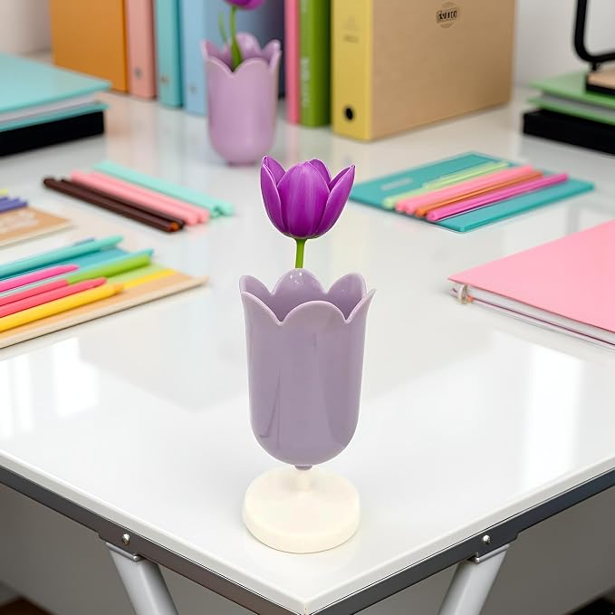 Purple Pen Holder for Desk, Plastic Tulip Pen Holder Girl Small Makeup Box Cute Stationery Organizer Pencil Stand Case Pencil Cups Desktop Decoration Pencil Holders Desk Supplies Holders